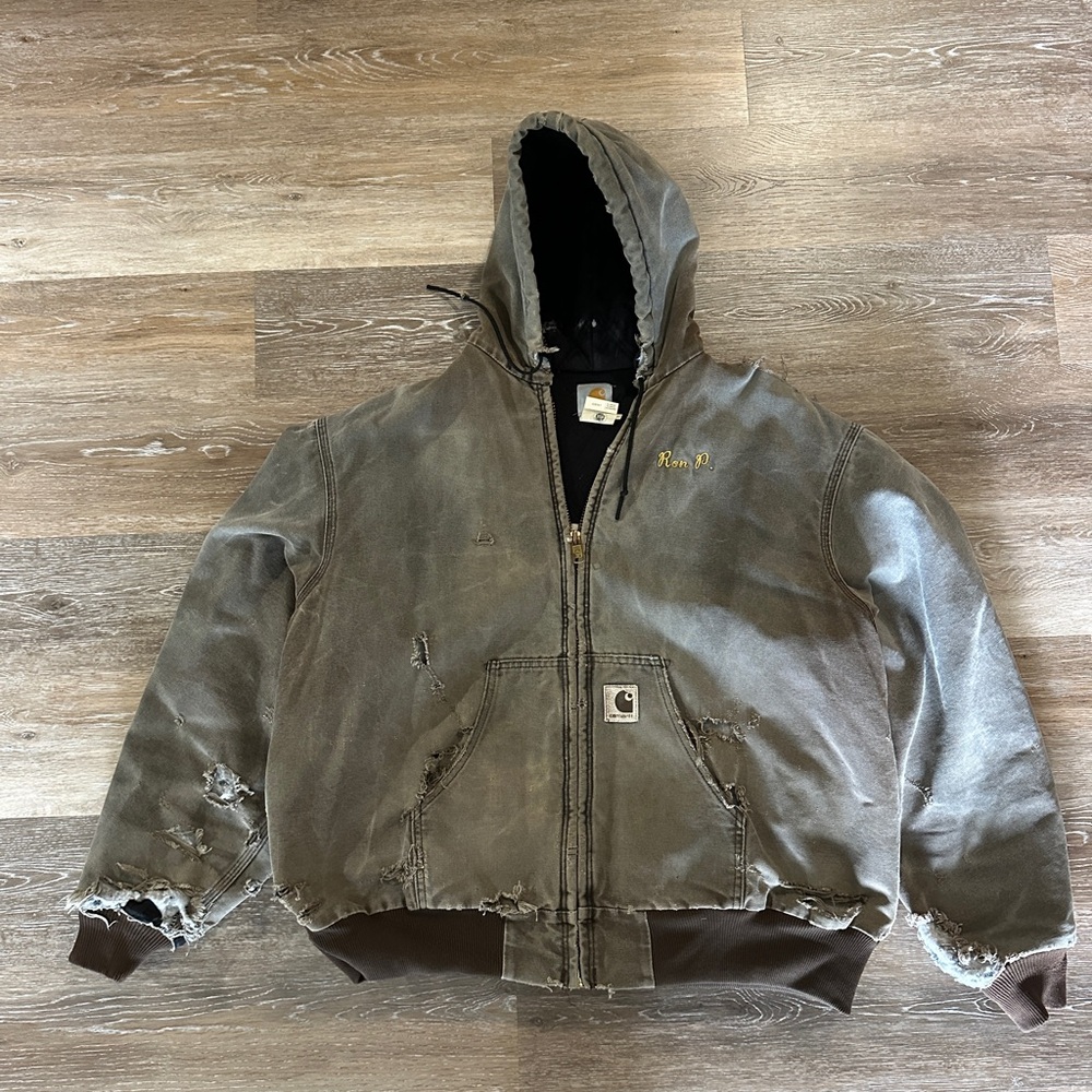 RARE Carhartt Distressed Gray Hooded Jacket